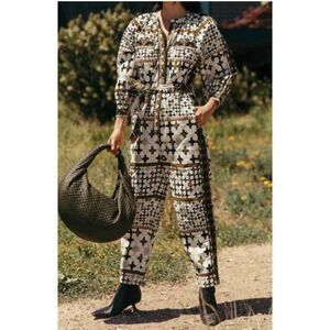 NWT CLEOBELLA nadia organic denim jumpsuit in art deco print, XS $290